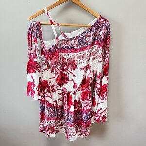 Free People NoMad‎  Boho Off-Shoulder Mini Dress Red & White Floral Print Size S